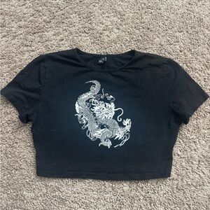 Black Crop Top with White Dragon Design